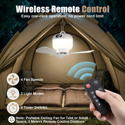 2-In-1 Camping Fan With Light And Remote inside a tent, showing remote control functions and setting options for outdoor use