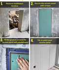 Pro Heavy Duty Drywall Access Door Built Like A Tank Aluminum Frame installation steps including secure, fill, and paint process.