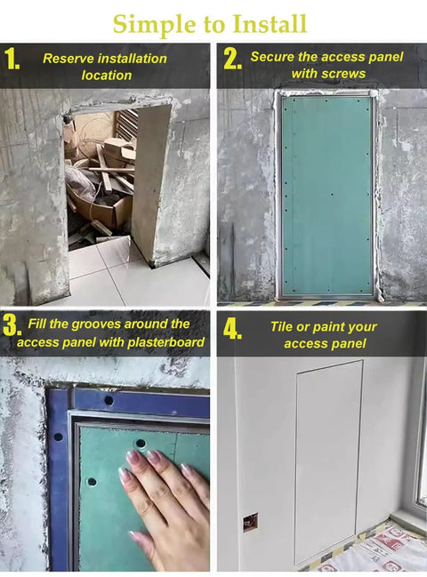 Pro Heavy Duty Drywall Access Door Built Like A Tank Aluminum Frame installation steps including secure, fill, and paint process.