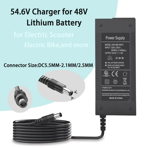 UL Certified 54.6V Ebike Charger For 48V Lithium Batteries With 5.5x2.1mm Or 5.5x2.5mm DC Connector, Wide 100 To 240V Input, 2.5A Max Output 54.6V 1.5A, Safe Fast Charge For Your Electric Bike, Easy Plug And Play