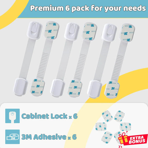 Six Pack Kid Safe Cabinet Locks For Cabinets And Drawers With Extra 3M Adhesives Shown in Packaging