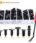 Heavy Duty Nylon Bumper Shield Retainers And Double End Xmas Tree Clips Universal Auto Body Fastener Kit With Bonus Removal Tool, 146 pieces in organizer.