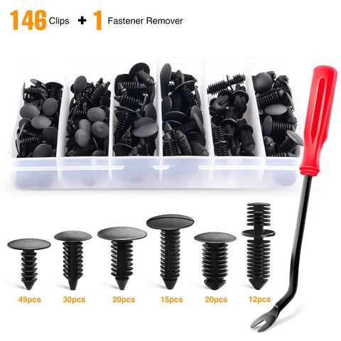 Heavy Duty Nylon Bumper Shield Retainers And Double End Xmas Tree Clips Universal Auto Body Fastener Kit With Bonus Removal Tool, 146 pieces in organizer.