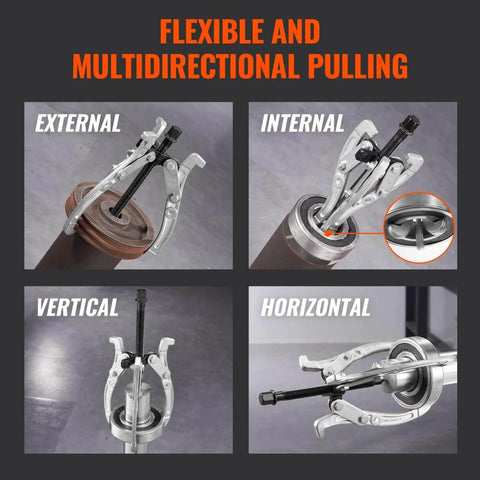 4 Piece Gear Puller Kit With 3 4 6 8 Inch Spreads, 2 Or 3 Reversible Jaws, Horizontal And Vertical Pulling on metal objects