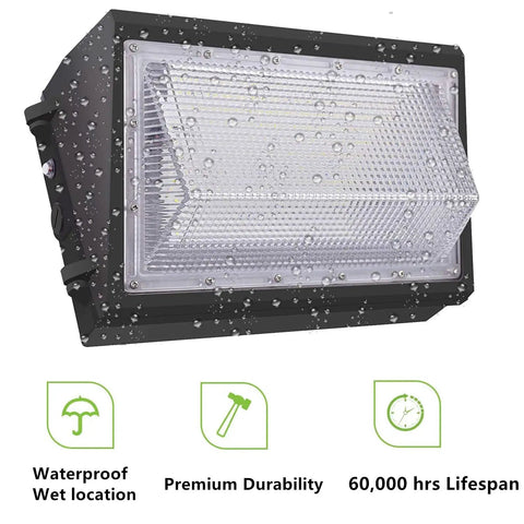 Beefy 150W LED Wall Pack Light with Photocell Sensor HPS HID, water droplets on ETL Listed exterior housing, 21000 Lumens