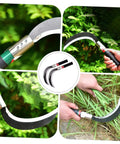 Collage of Two Pack Manganese Steel Reaping Hook Weeding Sickle With Ergonomic Short Handle for garden cleanup and grass harvesting.