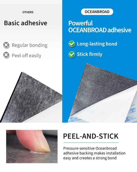 Comparison of basic adhesive vs. Oceanbroad adhesive for Self-Adhesive Boat Flooring 96-Inch By 23.5-Inch Non-Slip EVA Foam Diamond Pattern