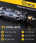 19-In-1 Magnetic Screwdriver Set With S2 Steel Bits for DIY Handyman and EDC Multitool, showcasing 18 S2 steel bits close-up.