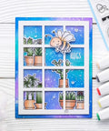 Colorful card made with Two Sets Dotted Square Frame Dies For Card Making, featuring scallop honeycomb cover and potted plants design.