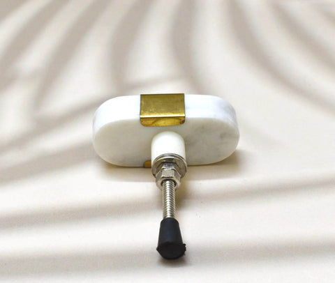 Oval Stone And Brass Knob Set For Drawers And Cabinets 1.5 Inch Natural Stone Knobs With Brass Mount Gold White Finish back view
