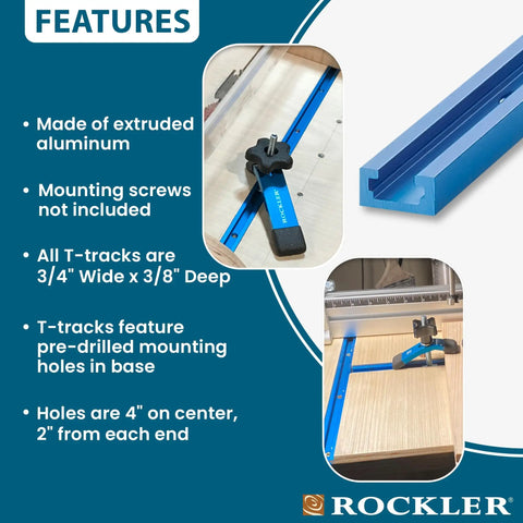 Blue Aluminum T Track 3 Ft For Workbenches, Jigs, And Machine Tables, Universal Slot Rail features and dimensions shown