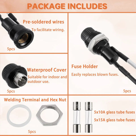 Plug And Go Pre Soldered Wire Panel Mount Fuse Holder With Atc Blade Fuses Ac 250v Waterproof Switch For Cars Trucks Rv Audio 5 Pack components package includes pre-soldered wires, waterproof cover, and fuse holder.