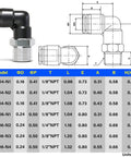Diagram and table of Pneumatic Male Elbow Push To Connect Fittings 6mm Tube OD X 1 Eighth Inch NPT Thread 90 Degree Copper And Plastic