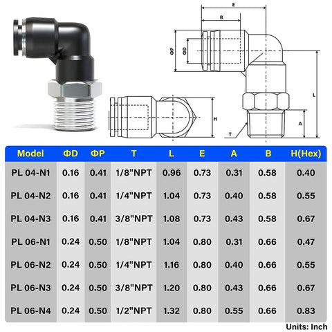 Diagram and table of Pneumatic Male Elbow Push To Connect Fittings 6mm Tube OD X 1 Eighth Inch NPT Thread 90 Degree Copper And Plastic