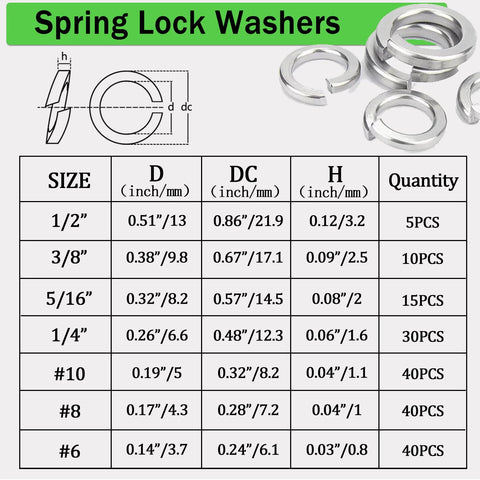 Front view of 360-piece stainless steel spring lock washers and flat washers assortment in 7 SAE sizes for bolts.