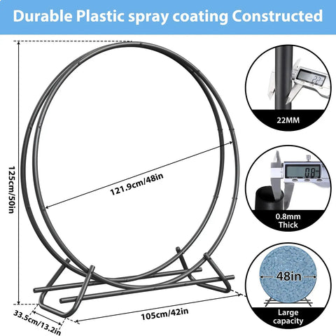 Heavy Duty Circular Firewood Rack 4 Foot Diameter Made From Black Steel Pipes For Indoor And Outdoor Use Log Holder displayed with measurements
