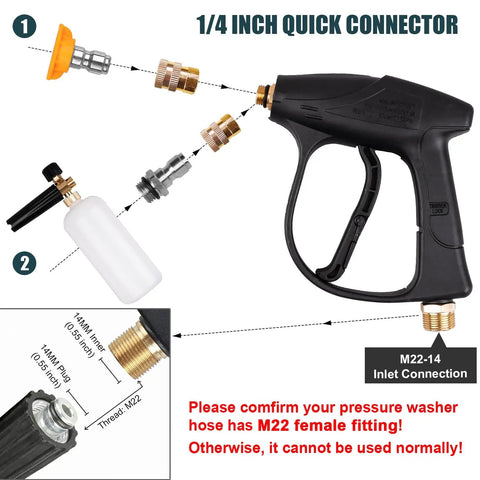 Pressure Washer Short Gun Foam Cannon Kit With One Quarter Inch Quick Connector And Five Nozzle Tips M22 To Fourteen Millimeter
