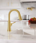 hansgrohe Joleena Pull Down Kitchen Faucet, Transitional, Magnetic Hand Sprayer, 1-Handle, 1.75 GPM, Brushed Gold Optic, 04112250 with running water