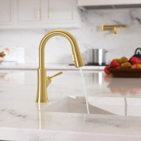 hansgrohe Joleena Pull Down Kitchen Faucet, Transitional, Magnetic Hand Sprayer, 1-Handle, 1.75 GPM, Brushed Gold Optic, 04112250 with running water