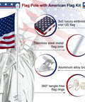 Patriotic Flag Pole Kit With 3x5 American Flag 5Ft Heavy Duty Tangle Free Pole Embroidered US Flag Aluminum Mount Bracket
