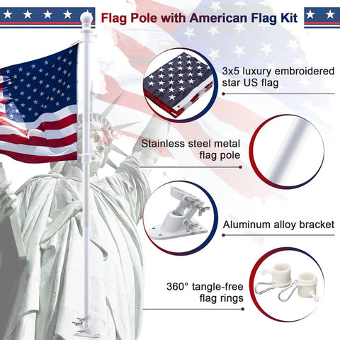Patriotic Flag Pole Kit With 3x5 American Flag 5Ft Heavy Duty Tangle Free Pole Embroidered US Flag Aluminum Mount Bracket