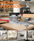 35mm Cabinet Door Concealed Hinge Jig With Quick Clamps And Snap-On Ruler for one-hand operation during hinge installation.