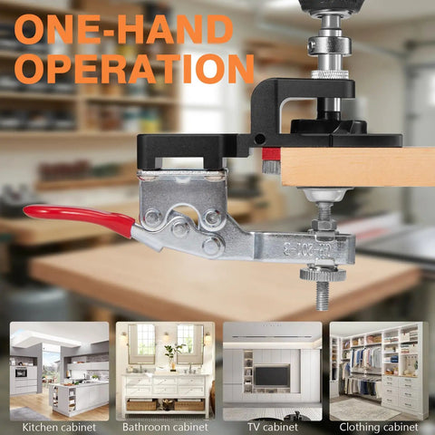 35mm Cabinet Door Concealed Hinge Jig With Quick Clamps And Snap-On Ruler for one-hand operation during hinge installation.