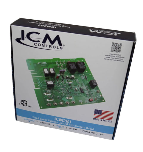 Box of Furnace Control Replacement Module 281 for Carrier Systems showing fixed speed board diagram and USA flag.