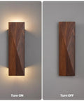 Feasey Set of 2 Walnut Wood Wall Sconce, Vintage Wall Mounted Light Fixture displayed ON and OFF against a gray wall.