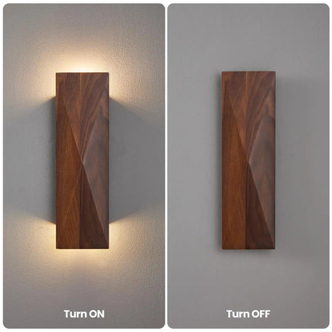 Feasey Set of 2 Walnut Wood Wall Sconce, Vintage Wall Mounted Light Fixture displayed ON and OFF against a gray wall.