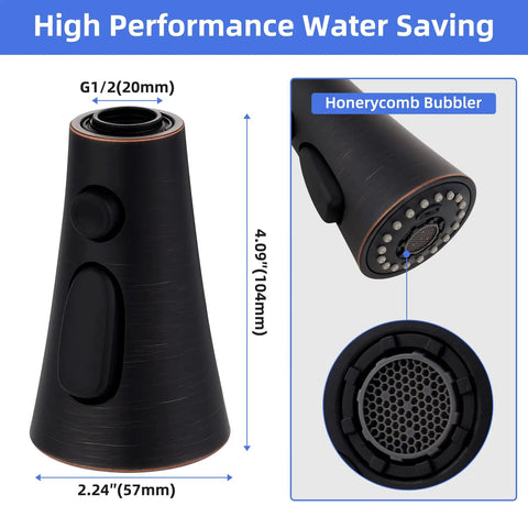 Universal Three Mode Pull Down Kitchen Faucet Spray Head Replacement With Fifteen Adapters, oil rubbed bronze, dimensions shown