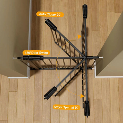 Top view of Extra Wide Indoor Baby Gate For Doorways And Stairs Pressure Mounted Walk Through Black Metal Gate with auto-close feature