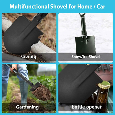 Multifunctional shovel for home and car use with saw edge, snow/ice shovel, gardening tool, and bottle opener feature.