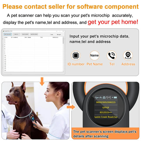 Dog being scanned by Pet Microchip And RFID Scanner With 1.44 Inch Color Display, Bluetooth, USB And 2.4G Wireless Connections