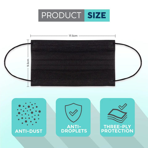 3 Ply Disposable Face Mask With All Day Comfort And Breathable Material Adjustable Elastic Ear Loops 100 Count For Daily Use Dust Protection Lightweight And Easy On The Ears shown with dimensions and features