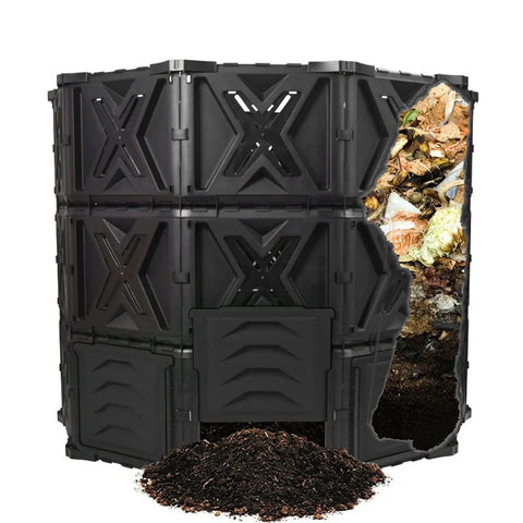 540L Outdoor Tumbler Compost Bin For Garden And Yard, extra large BPA-free, showing composting process with yard waste