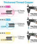 Heavy Duty Heat Shrink Butt Connectors Crimp Wire Connectors Kit Featuring Tight Tinned Copper Barrels A.W.G. thickness measurements.