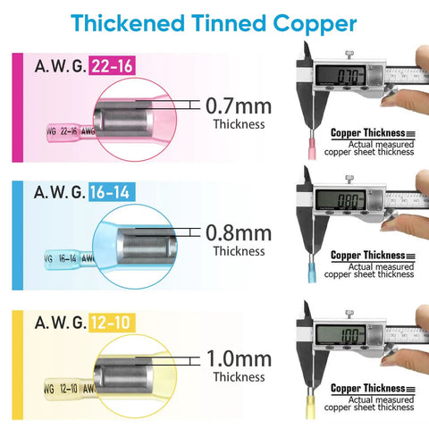 Heavy Duty Heat Shrink Butt Connectors Crimp Wire Connectors Kit Featuring Tight Tinned Copper Barrels A.W.G. thickness measurements.