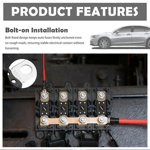 Top Shelf 300 Amp Mega Fuse Bolt On Kit For Cars Trucks And Rv With Instant Short Circuit Breaker, close-up view of bolt-on installation.