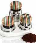 Kickass Espresso Tamper Set 58mm WDT Tool on white mat with multicolor tops, ideal for home baristas and daily shots.