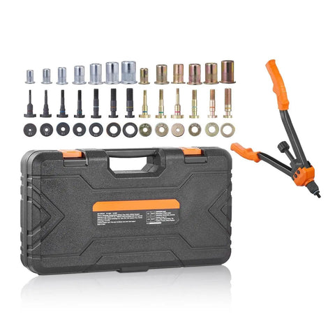 Super Cool 16 Inch Rivet Nut Tool Kit With Labor Saving Design, Featuring 13 Metric Sae Mandrels And A Bunch Of Rivet Nuts For Easy Auto Repair And Fastening Jobs Without Breaking A Sweat. case with mandrels and hand tool