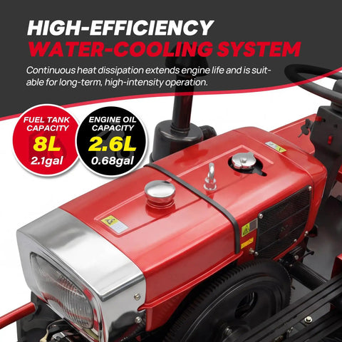 Close-up of 15HP Mini Tractor With Dual Electric And Manual Start For All Weather Reliability, highlighting engine and fuel capacities.