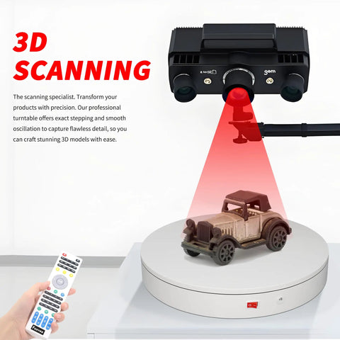 Heavy Duty Electric Rotating Turntable With Motorized Remote Control For 3D Scanning And 360 Video Shows Speed Adjustable Photography Display Stand Platform Supports Up To 400 Lb Load Capacity In White Finish showcasing a toy car being scanned.