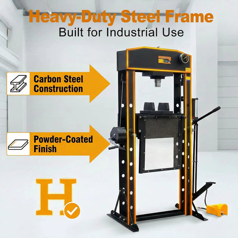 Heavy Duty 50 Ton H Frame Hydraulic Shop Press With Solid Steel Build And Floor Plates Designed For Garage Work And Auto Repair Jobs, featuring carbon steel construction.