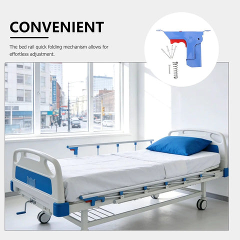 Bedside Rail Latch With Plastic Release Knob And Adjustable Drop Mechanism Replacement Metal Release Button For Hospital Bed Rails Durable Easy Fold Design For Nurses And Care Facilities on a hospital bed.