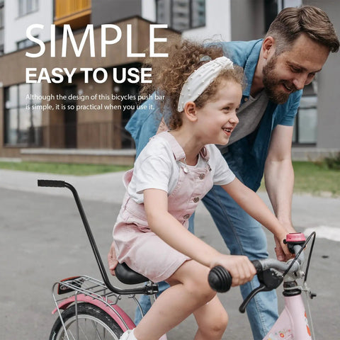 Father assisting daughter with Kids Bike Safety Trainer Handle And Balance Push Bar For Parents To Guide Training outdoors.