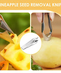 Pineapple Eye Remover Tool Set With Two V Shaped Cutters And Two Removal Clips, Stainless Steel Peeler Knife shown in use