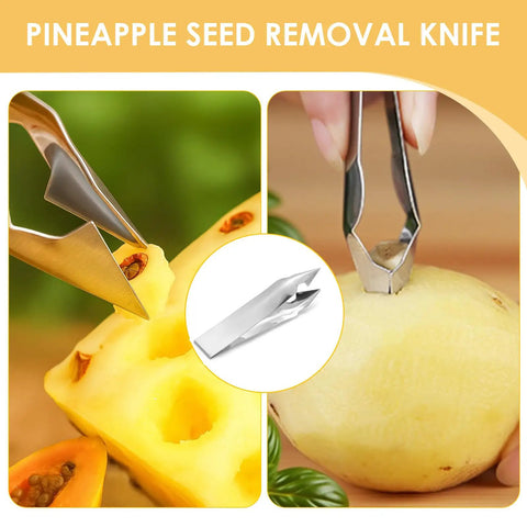 Pineapple Eye Remover Tool Set With Two V Shaped Cutters And Two Removal Clips, Stainless Steel Peeler Knife shown in use