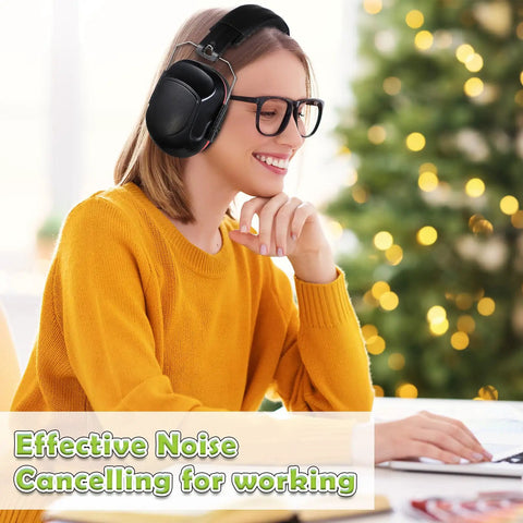 Woman working at desk wearing Six Pack Noise Reduction Ear Muffs NRR 28dB Ear Protection For Shooting Range And Lawn Mowing