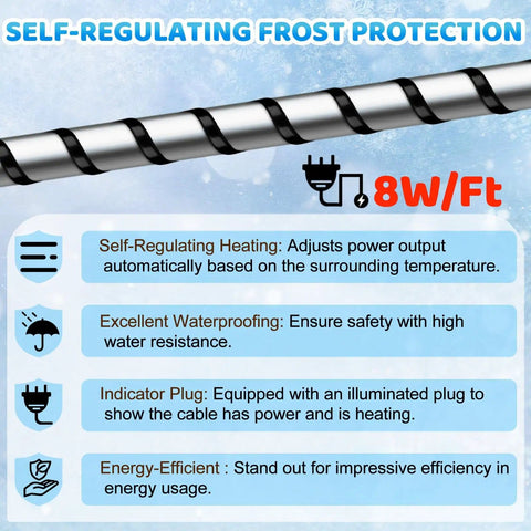 Self Regulating Heat Tape for Water Pipes, 30 Ft Heavy Duty Pipe Freeze Protection, 120V 8W/ft, showing features and benefits
